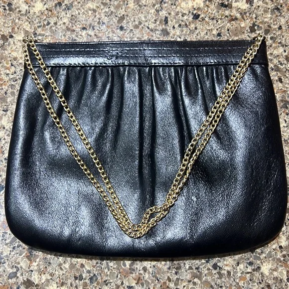 VINTAGE 1950’s ANDE Black genuine Leather handbag, Gold chain strap - Picture 5 of 9